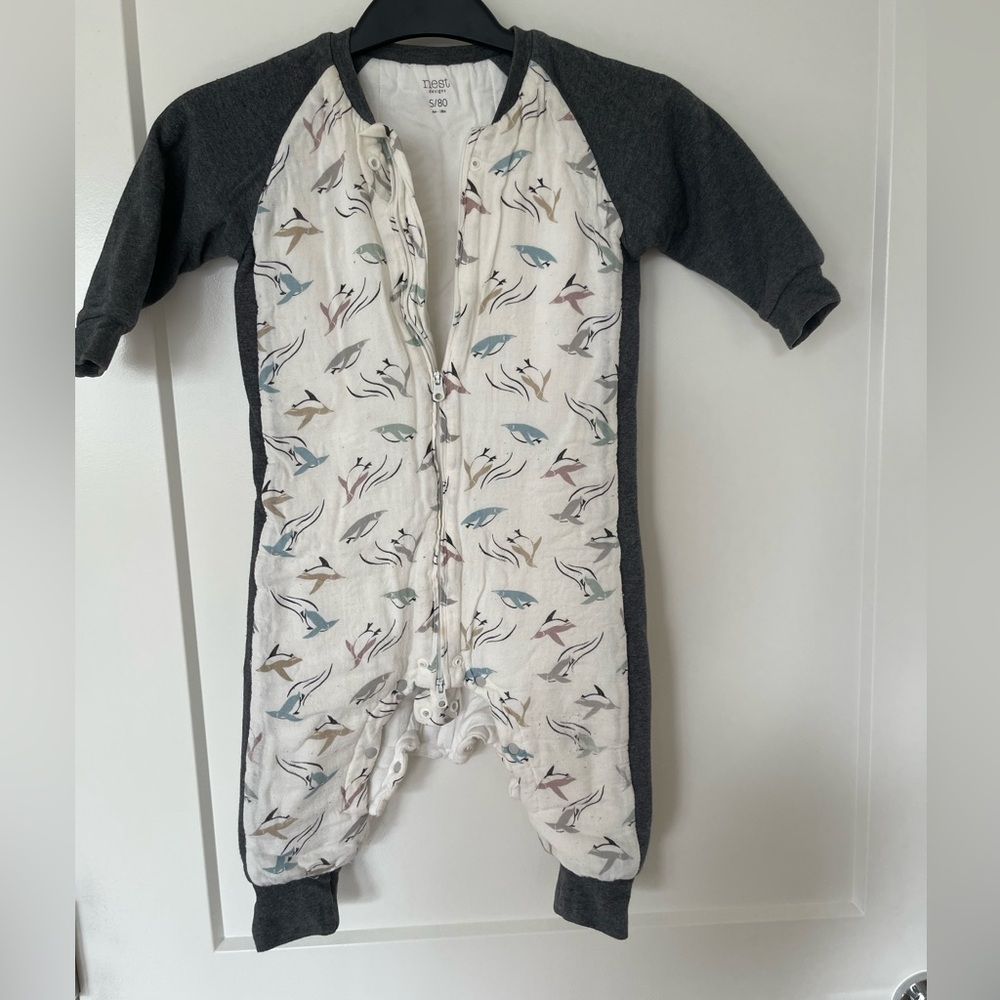 Gray and White Baby Onesie with Bird Print